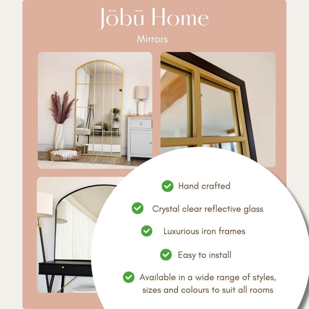 Advertisement for Jobu Home mirrors with images of mirrors in different rooms and listed features.