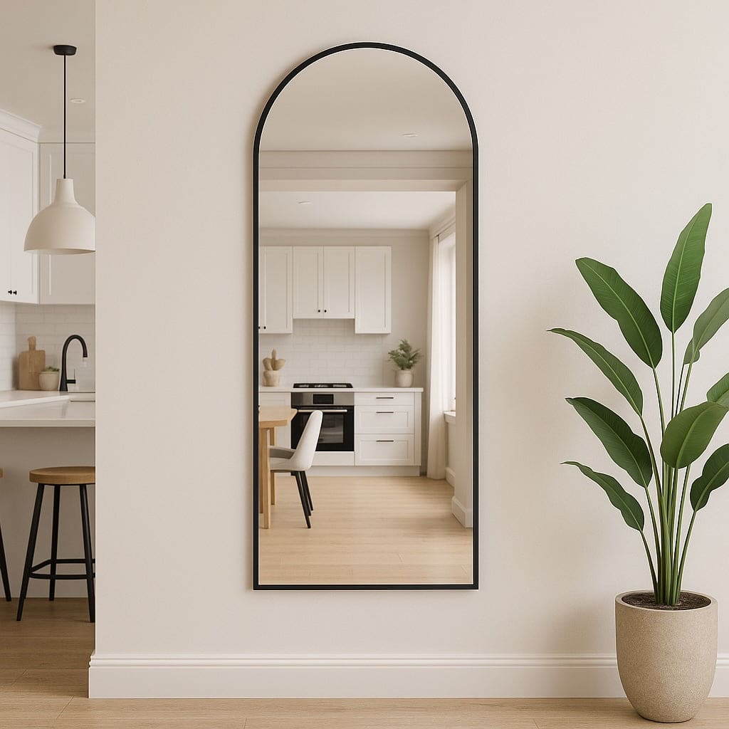 Full-length mirror with black frame leaning against a wall in a room with a plant and kitchen reflection.