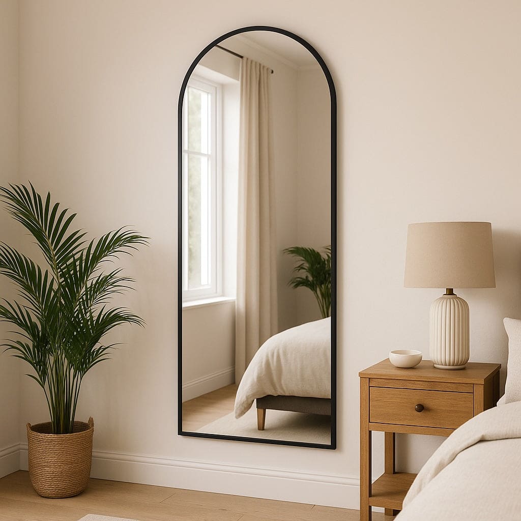 Full-length mirror leaning against a wall in a bedroom with a plant and nightstand.