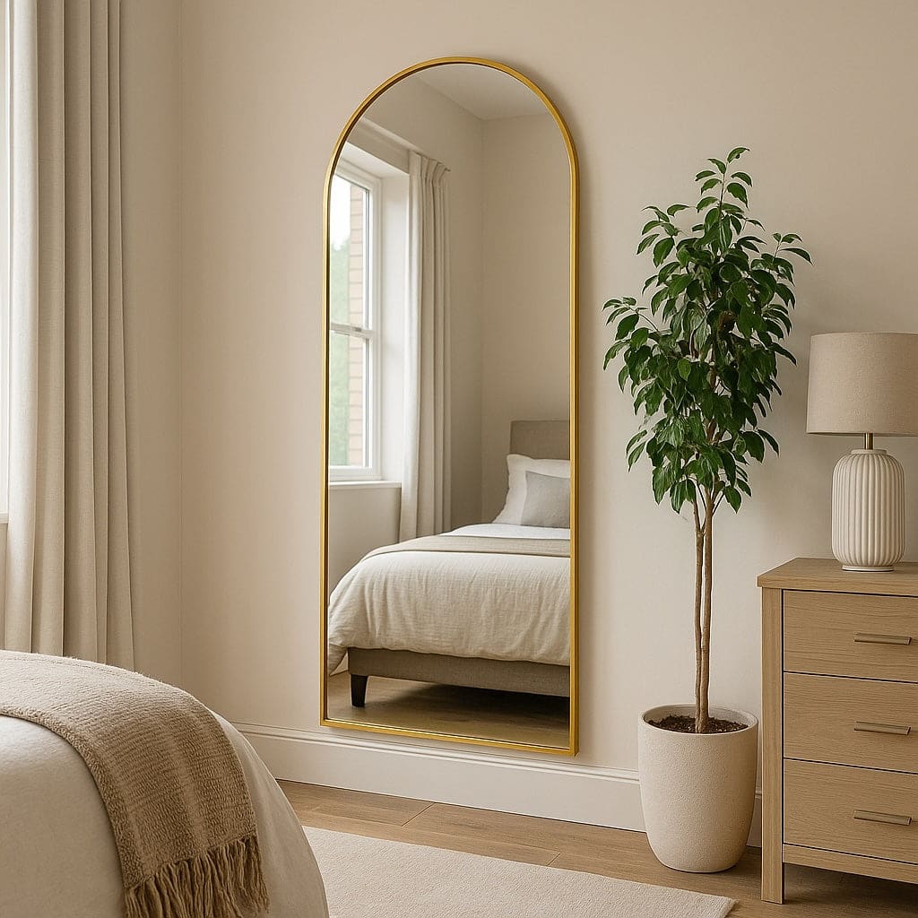 Gold-framed mirror in a bedroom with a bed, plant, and nightstand.