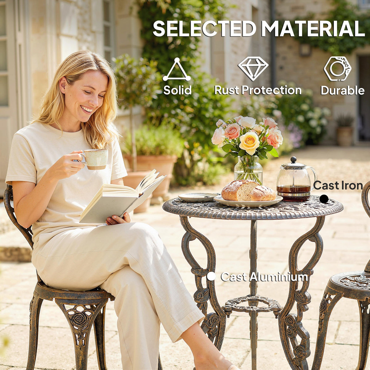 Outsunny Outdoor Bistro Set Vintage Rose Design Patio Furniture Set with Round Table and 2 Chairs Metallic Finish