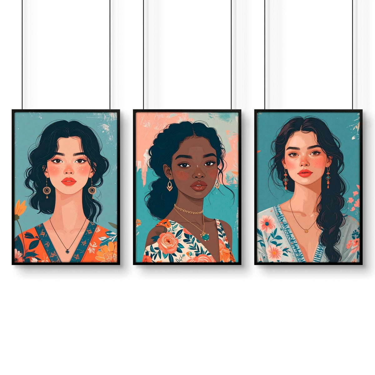 Artwork For Living Room Walls | Set of 3 Boho Women Wall art Prints