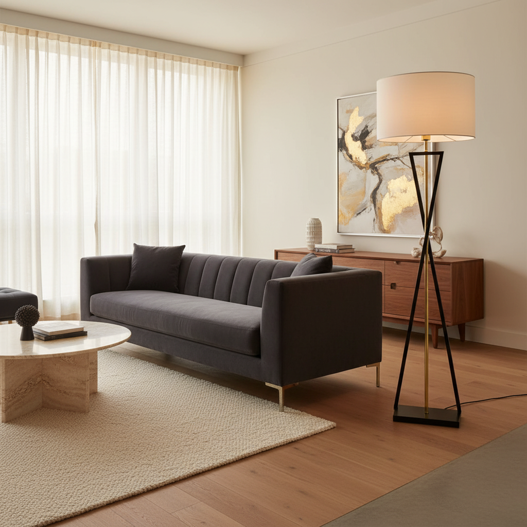 Modern living room with a gray sofa, wooden coffee table, and floor lamp.