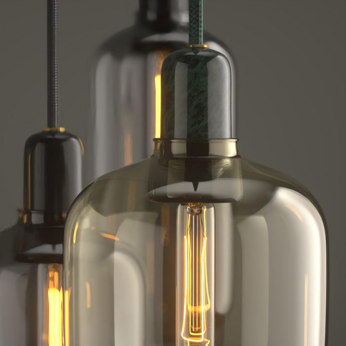 Close-up of a vintage-style pendant light with clear glass shade and visible filament.