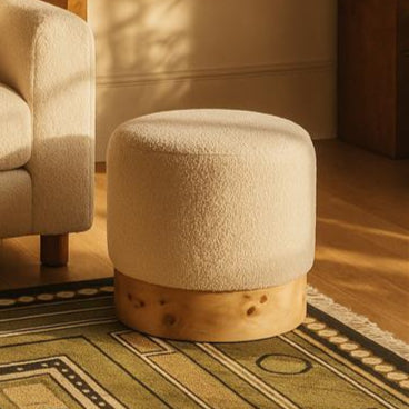 Mota Burl Wood And Cream Boucle Round Stool