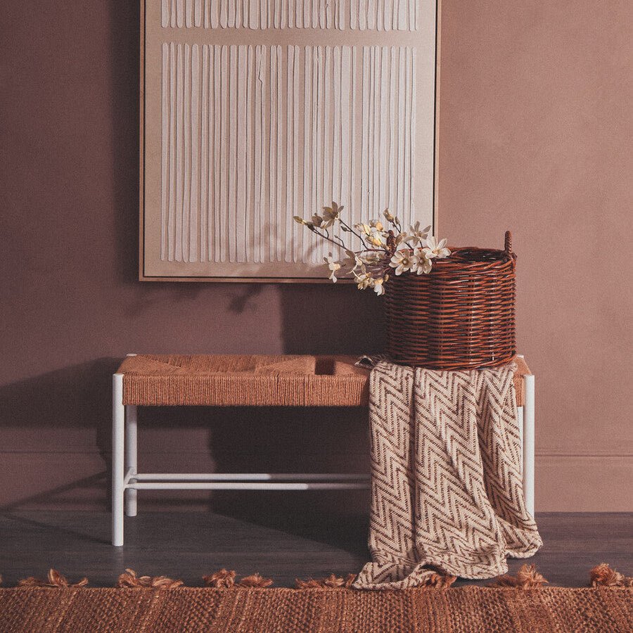 Bandar Large Natural Rope White Beechwood Bench with Handwoven Seat - MOOAZAA