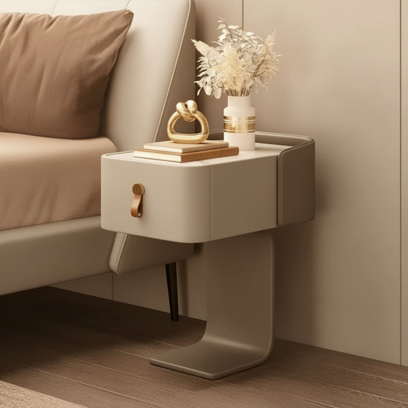 Modern nightstand next to a bed with decorative items
