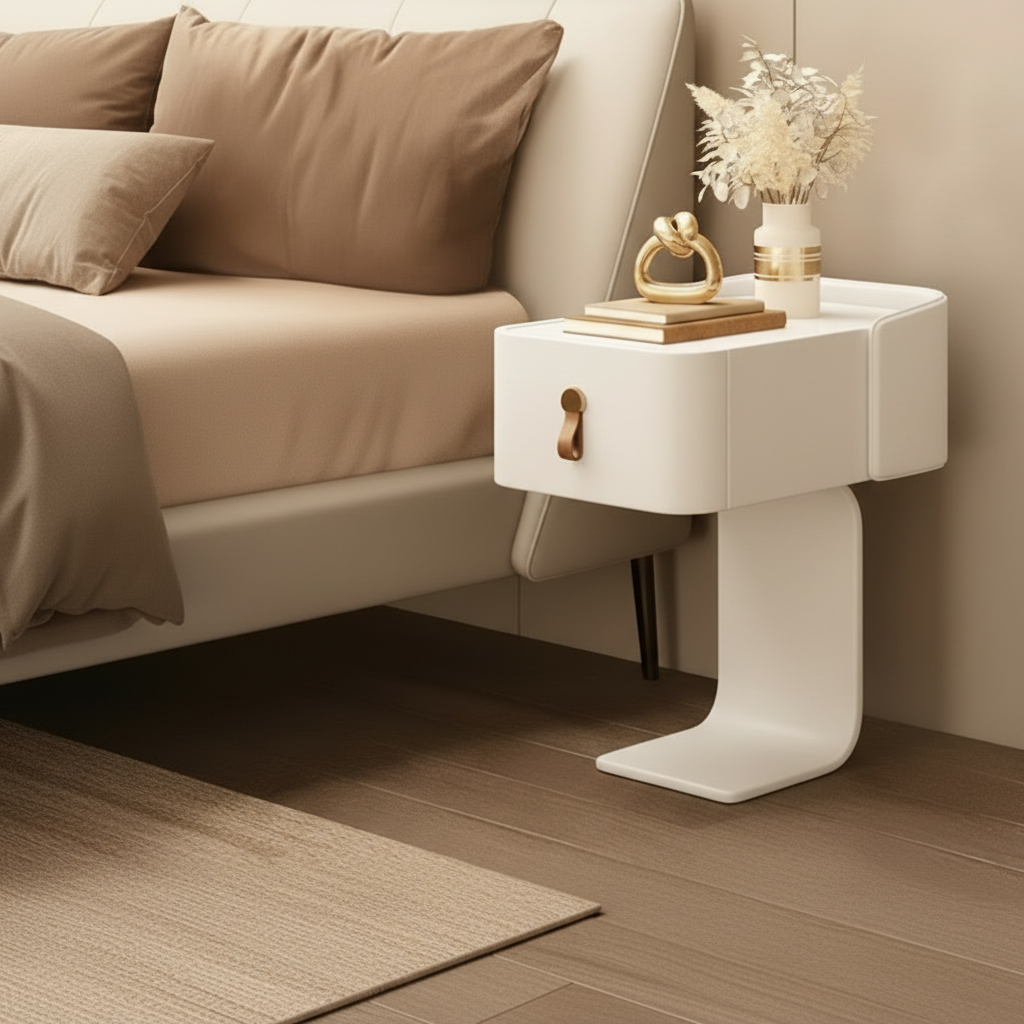 White nightstand with decorative items next to a beige sofa in a bedroom setting.