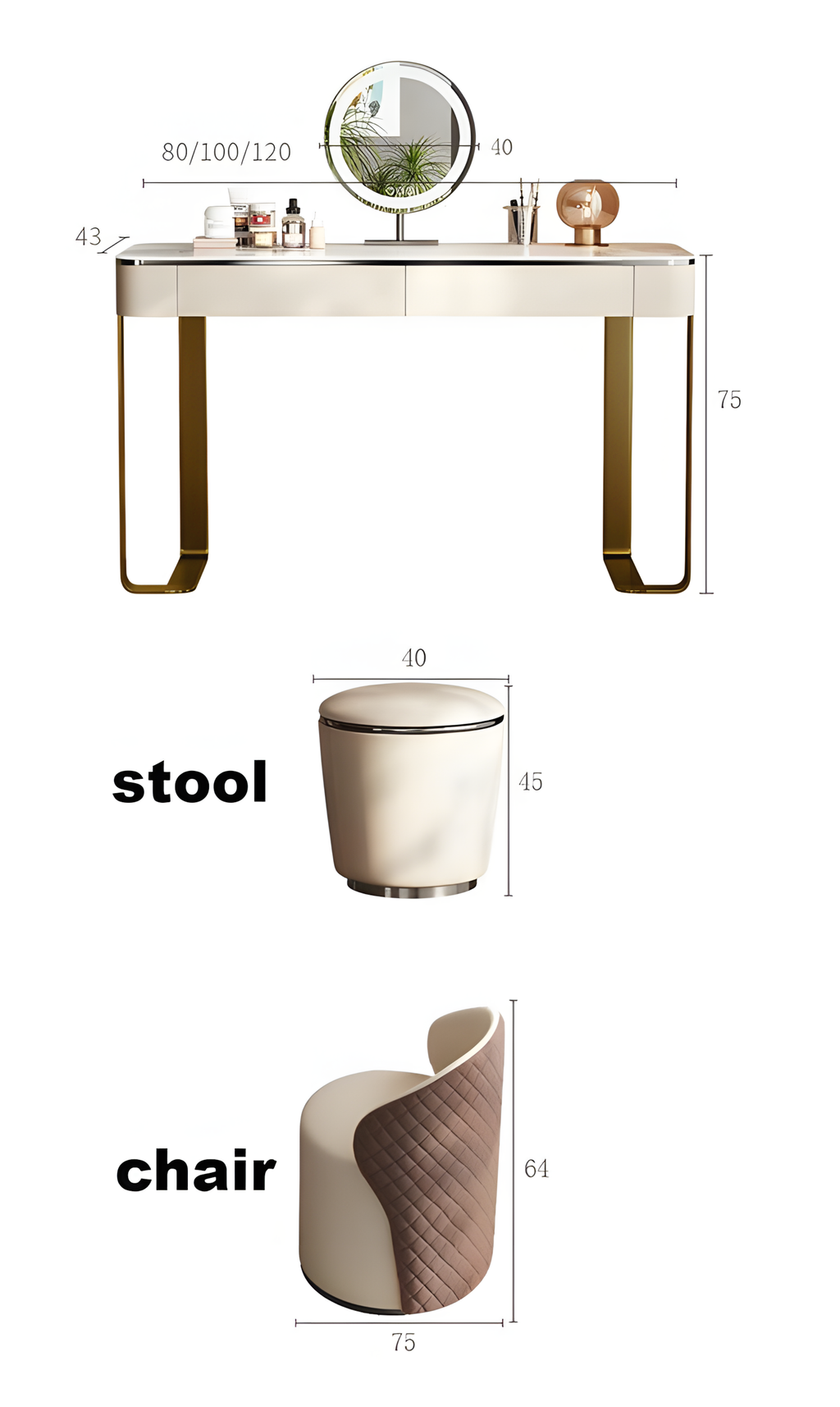 Dimensions of a vanity table, stool, and chair on a white background
