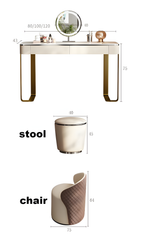 Dimensions of a vanity table, stool, and chair on a white background