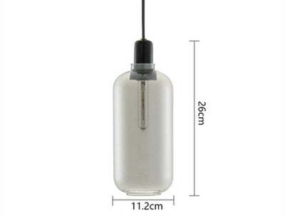 Glass pendant light with dimensions labeled on a white background