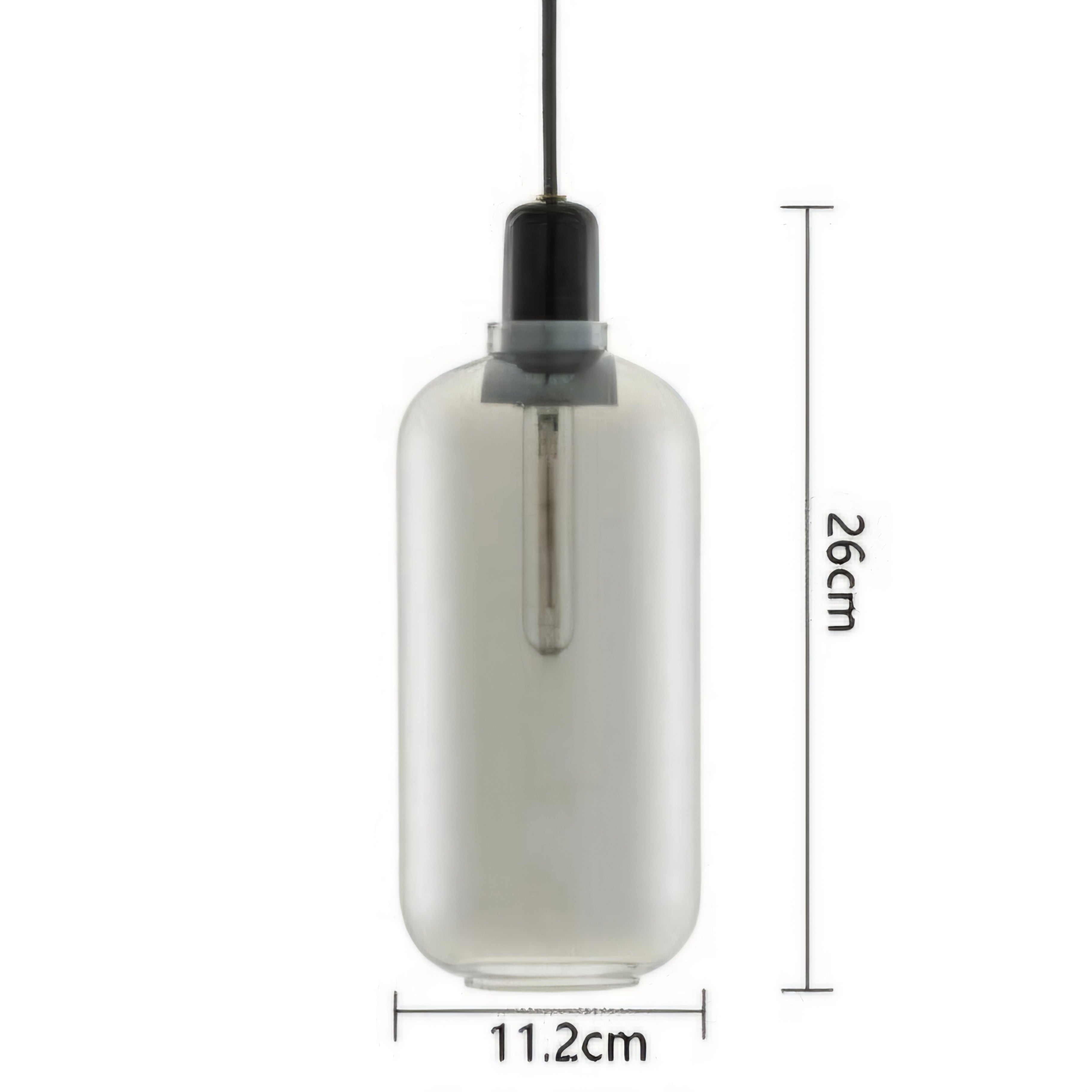A frosted glass pendant light with a black top cap and cord, shown with dimension markings indicating a height of 26cm and a width of 11.2cm on a white background.