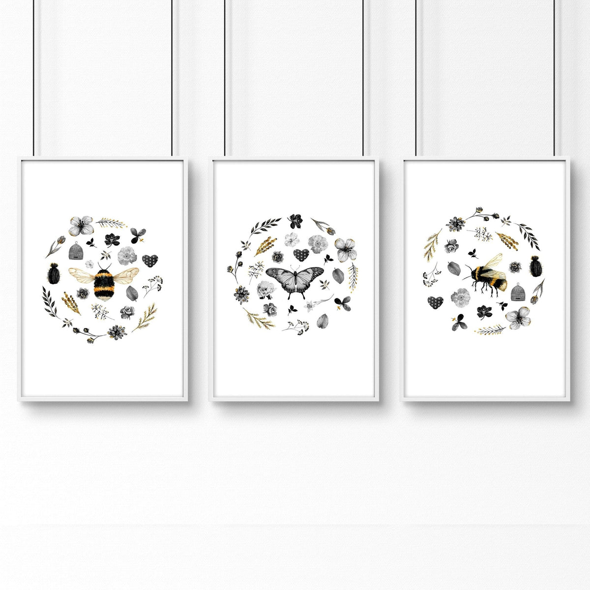 Bee wall hanging | Set of 3 pictures for entryway
