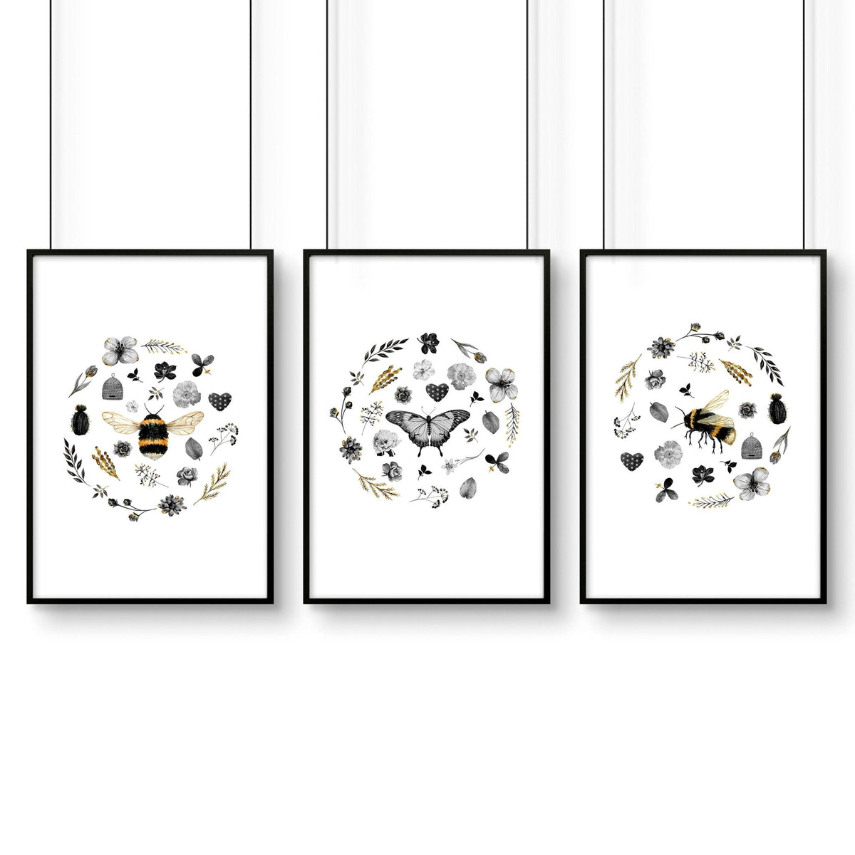 Bee wall hanging | Set of 3 pictures for entryway