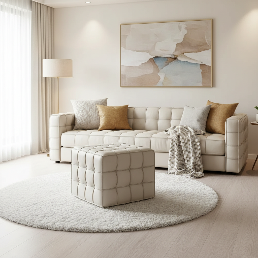 Beige Genuine Leather Tufted Ottoman, Footstool for Living Room & Bedroom
