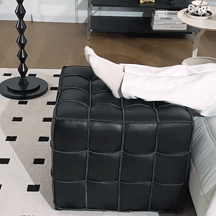 Beige Genuine Leather Tufted Ottoman, Footstool for Living Room & Bedroom - MOOAZAA