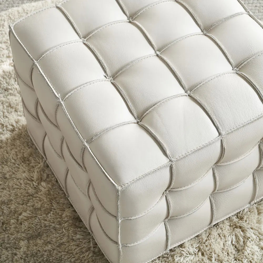 Beige Genuine Leather Tufted Ottoman, Footstool for Living Room & Bedroom - MOOAZAA