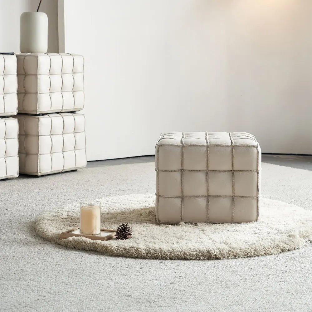 Beige Genuine Leather Tufted Ottoman, Footstool for Living Room & Bedroom - MOOAZAA