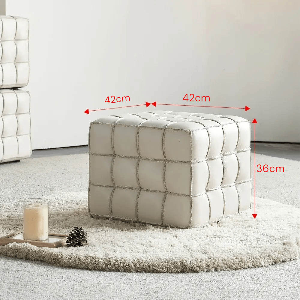 Beige Genuine Leather Tufted Ottoman, Footstool for Living Room & Bedroom - MOOAZAA