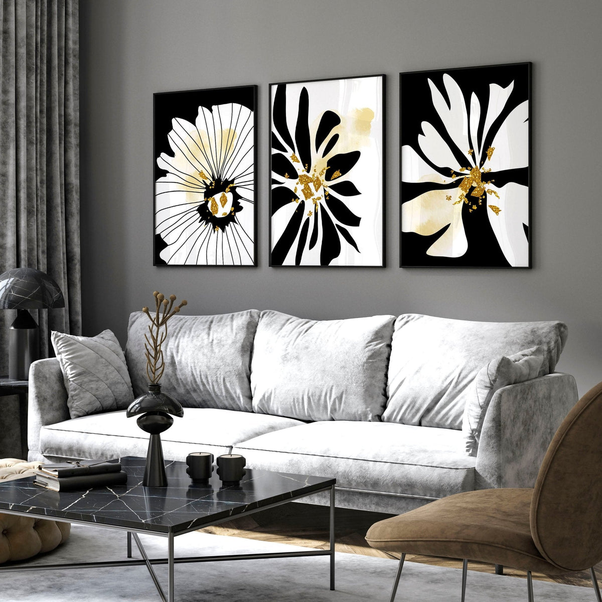 3 Set Wall Art Framed | Black & White Botanical Prints