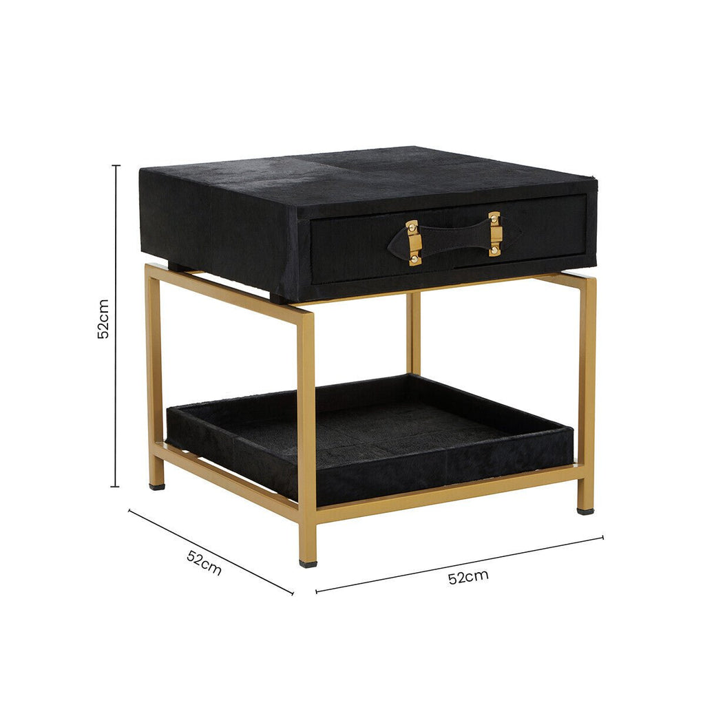 Black Hair-On-Hide Leather Bedside Table with Gold Metal Frame and 1 Drawer | Kensington Townhouse - MOOAZAA
