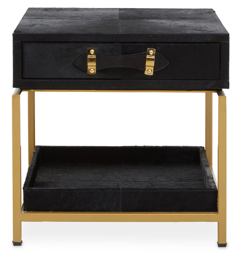 Black Hair-On-Hide Leather Bedside Table with Gold Metal Frame and 1 Drawer | Kensington Townhouse - MOOAZAA