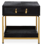 Black Hair-On-Hide Leather Bedside Table with Gold Metal Frame and 1 Drawer | Kensington Townhouse - MOOAZAA
