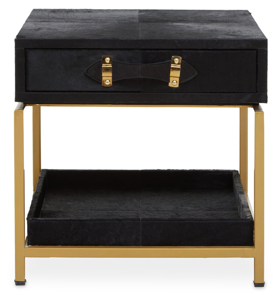Black Hair-On-Hide Leather Bedside Table with Gold Metal Frame and 1 Drawer | Kensington Townhouse - MOOAZAA