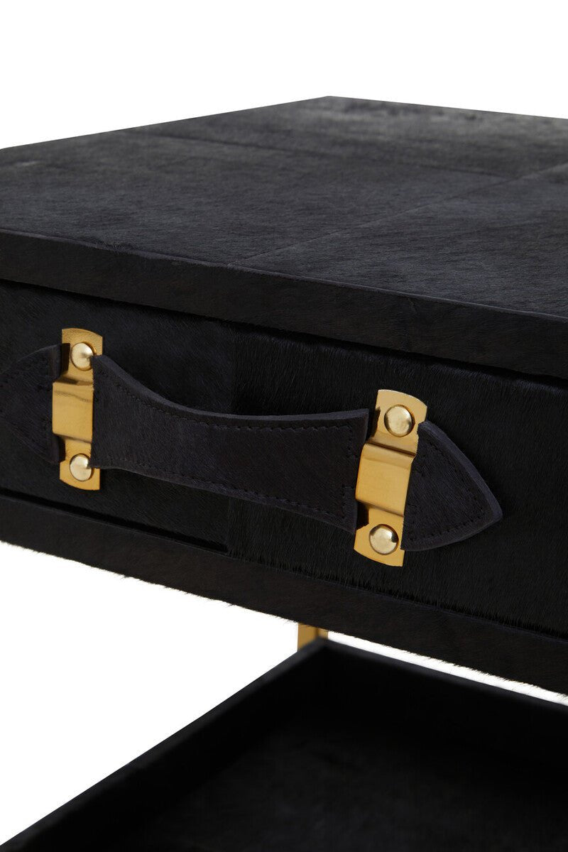 Black Hair-On-Hide Leather Bedside Table with Gold Metal Frame and 1 Drawer | Kensington Townhouse - MOOAZAA