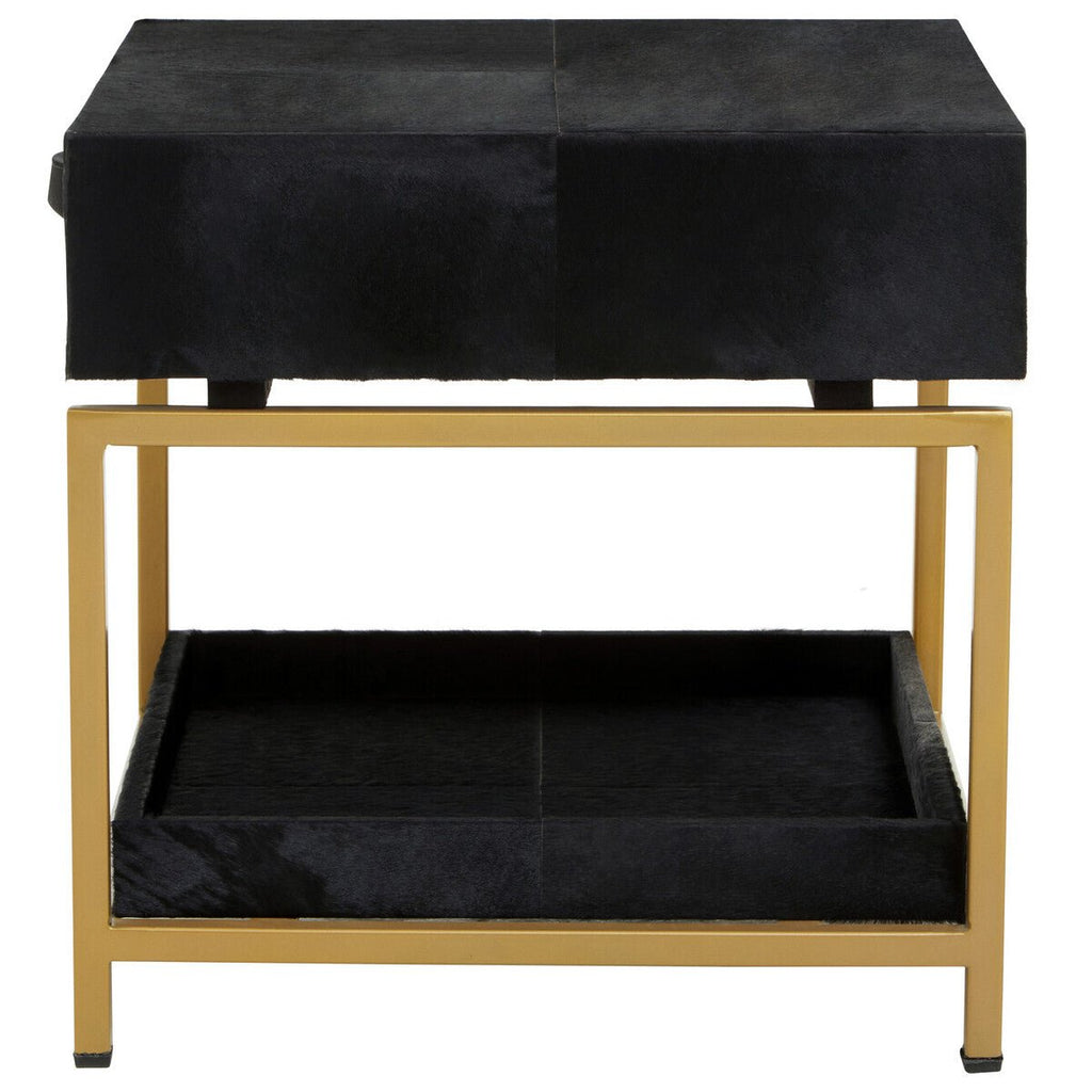 Black Hair-On-Hide Leather Bedside Table with Gold Metal Frame and 1 Drawer | Kensington Townhouse - MOOAZAA