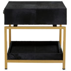 Black Hair-On-Hide Leather Bedside Table with Gold Metal Frame and 1 Drawer | Kensington Townhouse - MOOAZAA