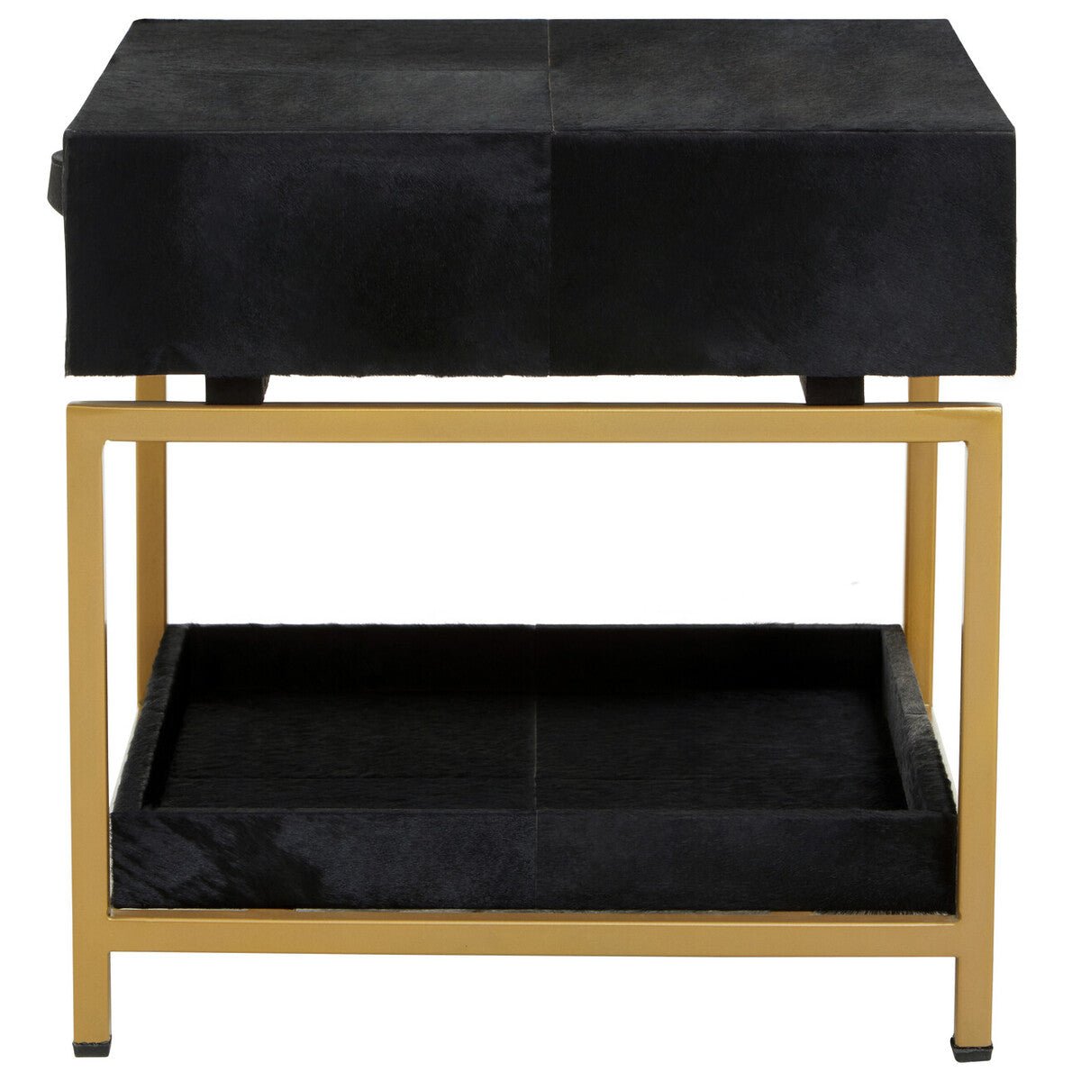 Black Hair-On-Hide Leather Bedside Table with Gold Metal Frame and 1 Drawer | Kensington Townhouse - MOOAZAA