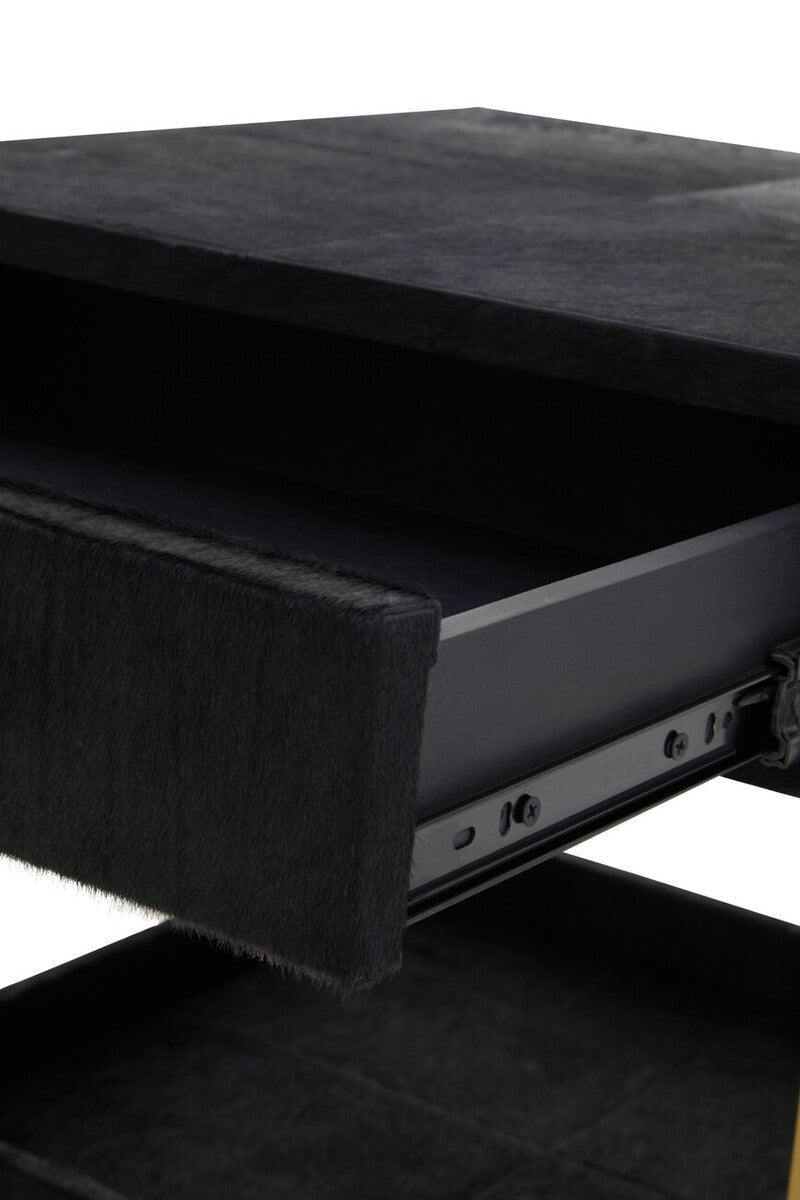Black Hair-On-Hide Leather Bedside Table with Gold Metal Frame and 1 Drawer | Kensington Townhouse - MOOAZAA
