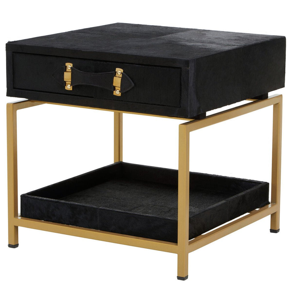 Black Hair-On-Hide Leather Bedside Table with Gold Metal Frame and 1 Drawer | Kensington Townhouse - MOOAZAA