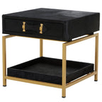 Black Hair-On-Hide Leather Bedside Table with Gold Metal Frame and 1 Drawer | Kensington Townhouse - MOOAZAA