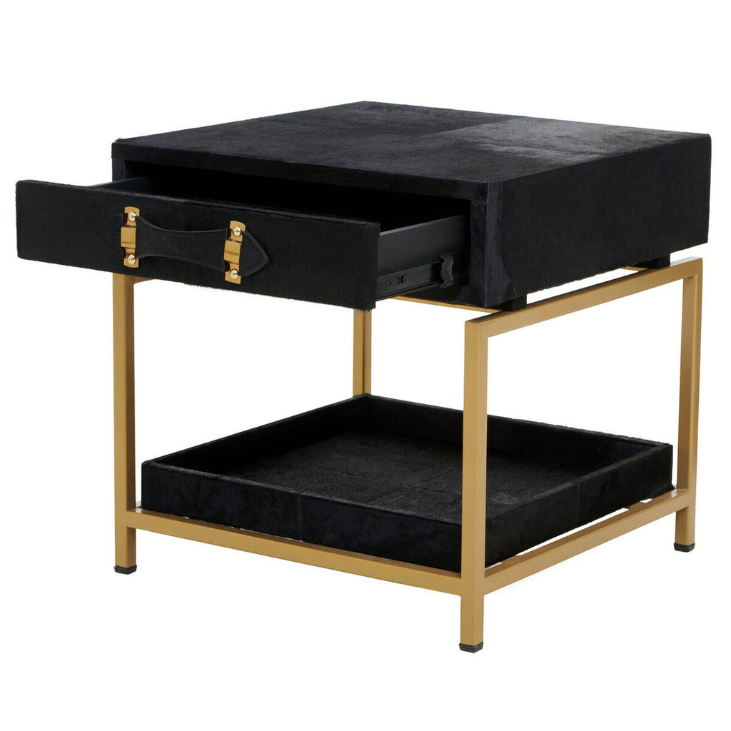 Black Hair-On-Hide Leather Bedside Table with Gold Metal Frame and 1 Drawer | Kensington Townhouse - MOOAZAA