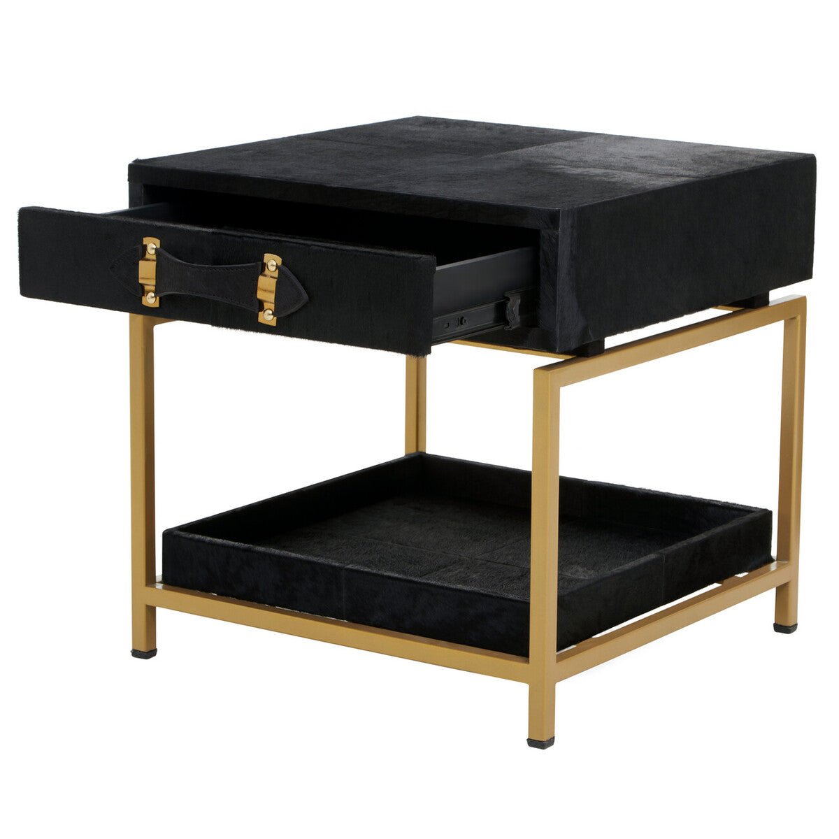 Black Hair-On-Hide Leather Bedside Table with Gold Metal Frame and 1 Drawer | Kensington Townhouse - MOOAZAA