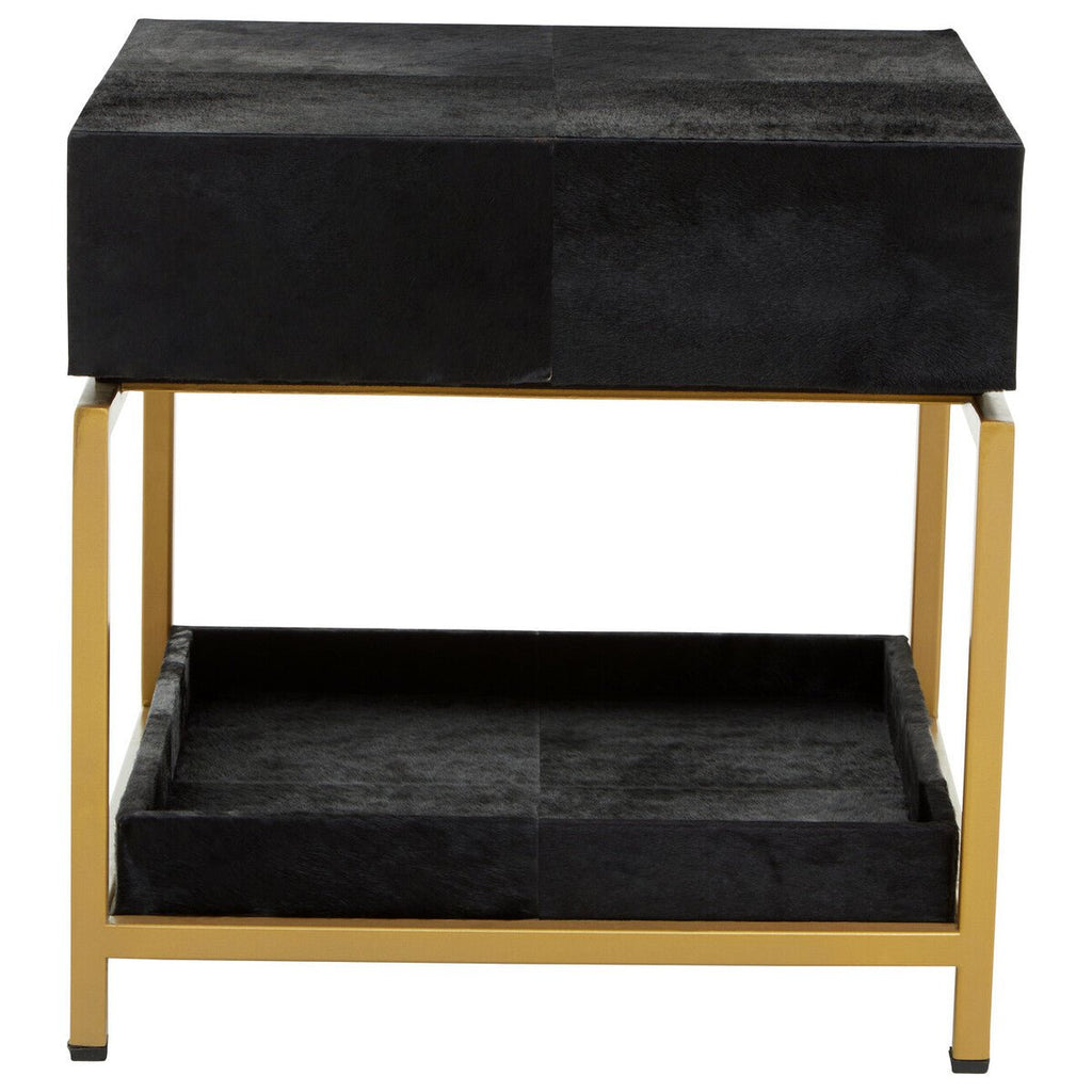 Black Hair-On-Hide Leather Bedside Table with Gold Metal Frame and 1 Drawer | Kensington Townhouse - MOOAZAA