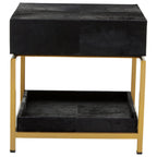 Black Hair-On-Hide Leather Bedside Table with Gold Metal Frame and 1 Drawer | Kensington Townhouse - MOOAZAA