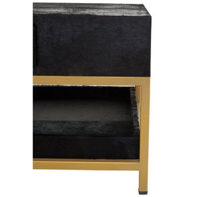 Black Hair-On-Hide Leather Coffee Table with Gold Metal Frame and Storage Drawer | Kensington Townhouse - MOOAZAA