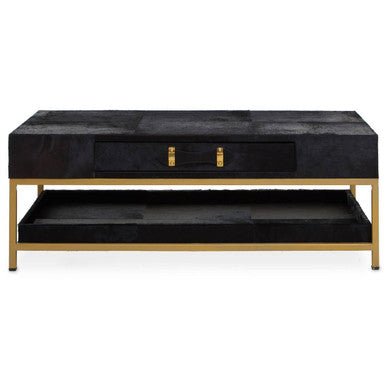 Black Hair-On-Hide Leather Coffee Table with Gold Metal Frame and Storage Drawer | Kensington Townhouse - MOOAZAA