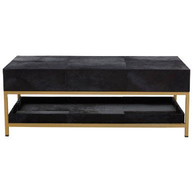 Black Hair-On-Hide Leather Coffee Table with Gold Metal Frame and Storage Drawer | Kensington Townhouse - MOOAZAA
