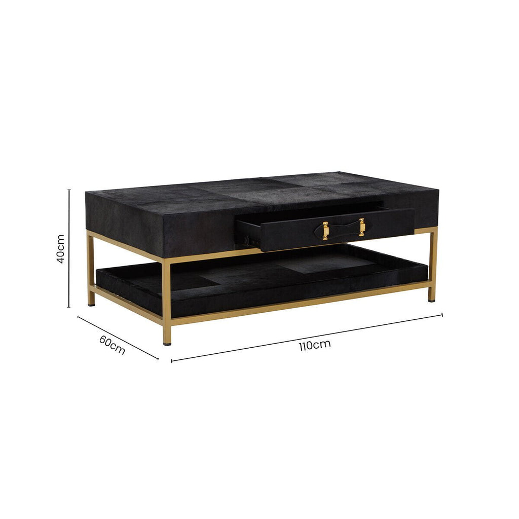 Black Hair-On-Hide Leather Coffee Table with Gold Metal Frame and Storage Drawer | Kensington Townhouse - MOOAZAA