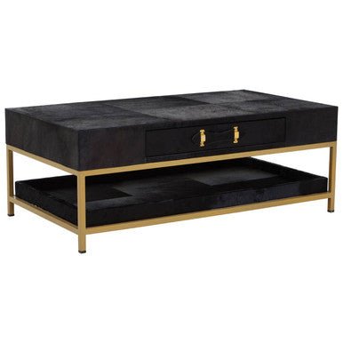 Black Hair-On-Hide Leather Coffee Table with Gold Metal Frame and Storage Drawer | Kensington Townhouse - MOOAZAA