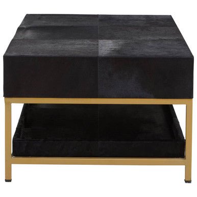 Black Hair-On-Hide Leather Coffee Table with Gold Metal Frame and Storage Drawer | Kensington Townhouse - MOOAZAA