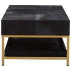 Black Hair-On-Hide Leather Coffee Table with Gold Metal Frame and Storage Drawer | Kensington Townhouse - MOOAZAA