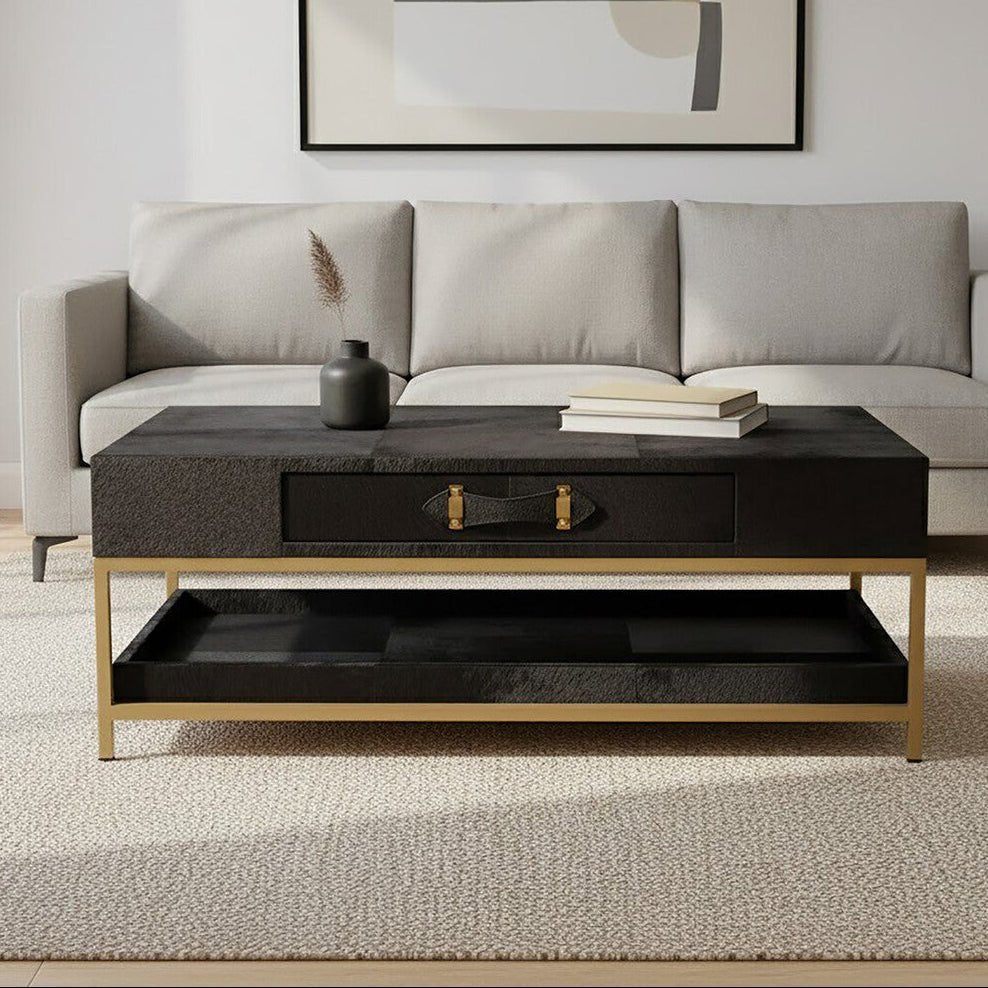Black Hair-On-Hide Leather Coffee Table with Gold Metal Frame and Storage Drawer | Kensington Townhouse - MOOAZAA