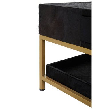 Black Hair-On-Hide Leather Coffee Table with Gold Metal Frame and Storage Drawer | Kensington Townhouse - MOOAZAA