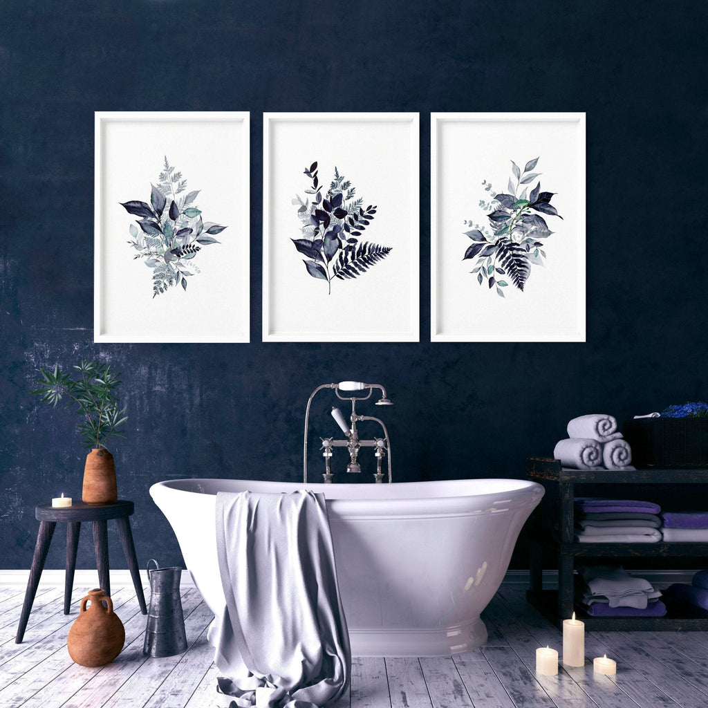 Bathroom Painting Decor – Set of 3 Blue Botanical Prints