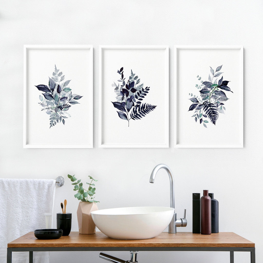 Bathroom Painting Decor – Set of 3 Blue Botanical Prints